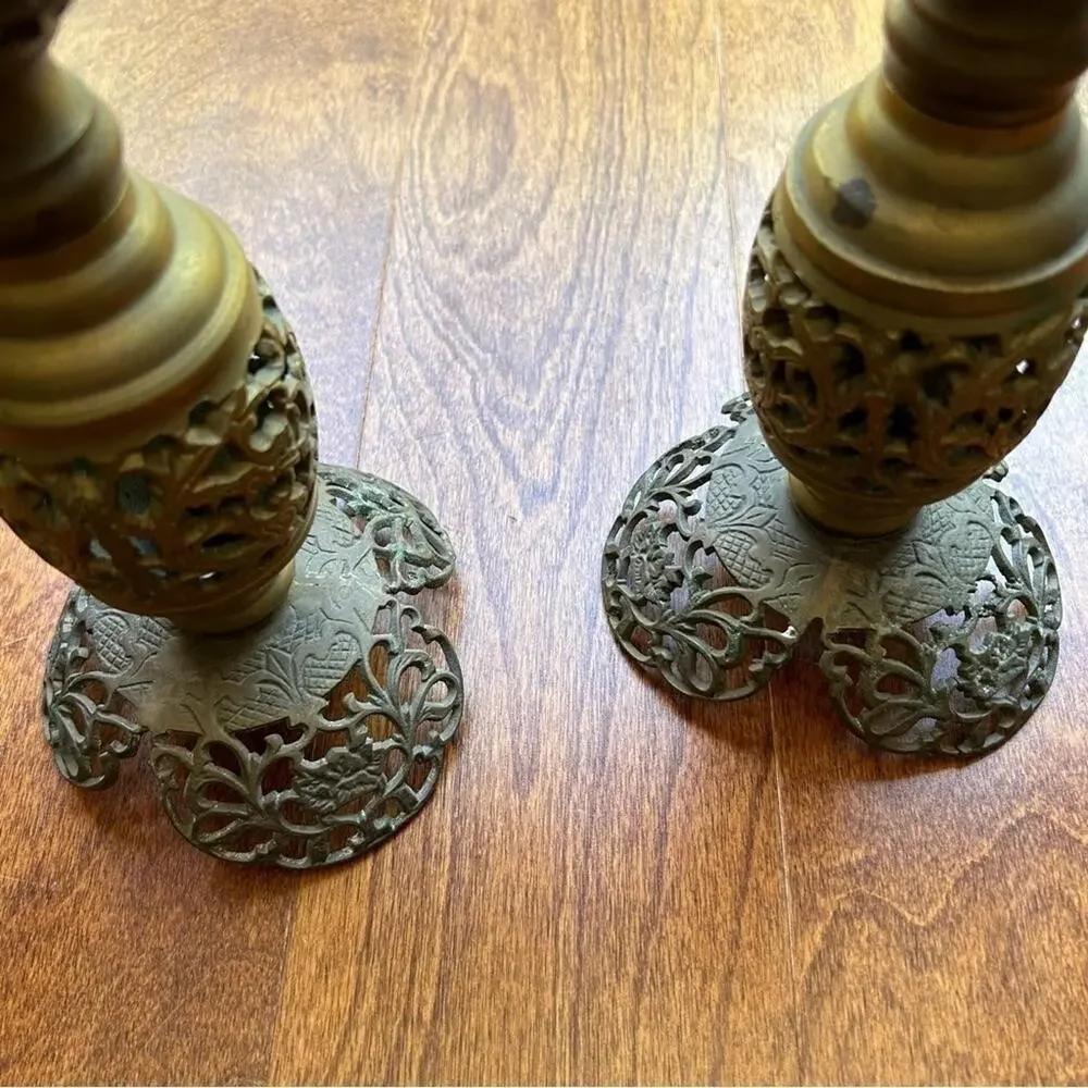 Vintage Oversized Moroccan Pierced Brass Candle Holders, Set of 2, Nice Patina